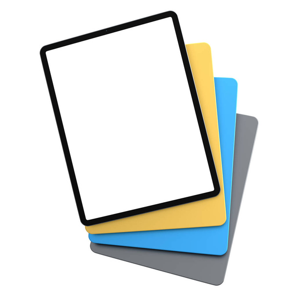Set of computer tablets with cover case and blank screen isolated on white background. 3D rendering concept of creative designer equipment and compact workspace - Φωτογραφία, εικόνα