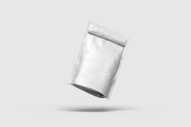 Fehér üres Foil Food Doy Pack, tasak Csomagolás Zipzárral elszigetelt fehér színben.3D renderelés. Készítmény - Fotó, kép