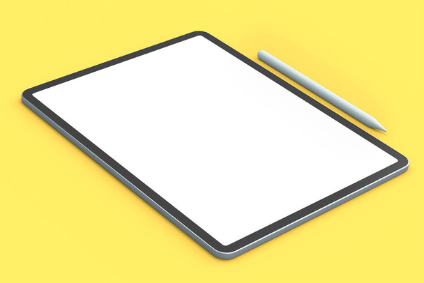 Computer tablet with pencil isolated on yellow background. 3D rendering concept of creative designer equipment and compact workspace - Photo, image