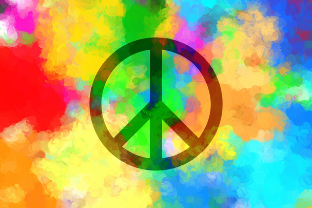 Friedenshintergrund. Schwarzes Friedenssymbol auf farbenfrohem Aquarell bemalten Hintergrund. - Foto, Bild