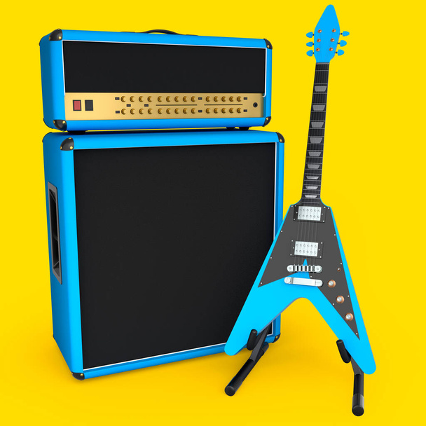 Classical amplifier with electric or acoustic guitar on stand isolated on yellow background. 3d render of amplifier for recording bass guitar in studio or rehearsal room - Zdjęcie, obraz