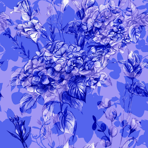 Бесшовный графический монохромный узор в современных оттенках и винтажном стиле с цветами гортензии - Фото, изображение