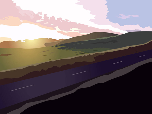 ilustración de color vectorial que representa un paisaje de una zona montañosa con una carretera sobre el fondo del sol naciente para impresiones en postales, pancartas y fondos en un estilo natural - Vector, imagen