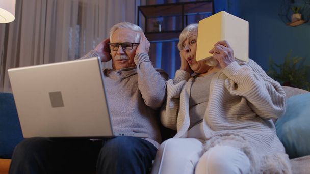 Boldog idős pár használ laptop PC beszél együtt csinál online vásárlás otthon kanapé - Fotó, kép