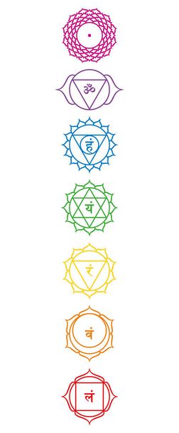 Simboli di chakra colorati arcobaleno. Chakra principali multicolori, come si trovano nel corpo. Radice, sacrale, ombelico, cuore, gola, terzo occhio e chakra della corona. Illustrazione isolata, su sfondo bianco. - Vettoriali, immagini