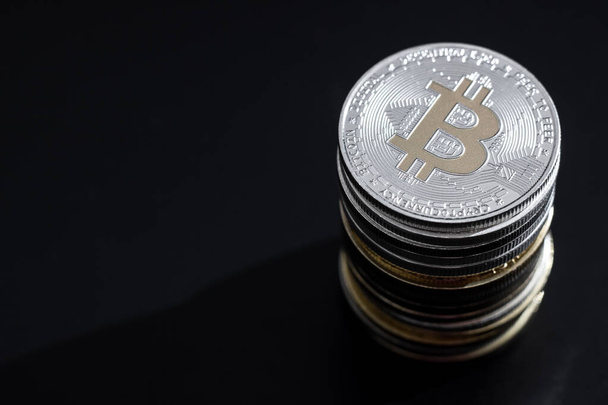 Stack of bitcoins over dark background - Foto, Imagem