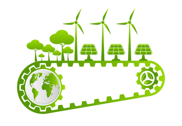 Екологія та екологічна концепція, символ Землі з зеленим листям навколо міст Допоможіть світу з екологічно дружніми ідеями
 - Вектор, зображення
