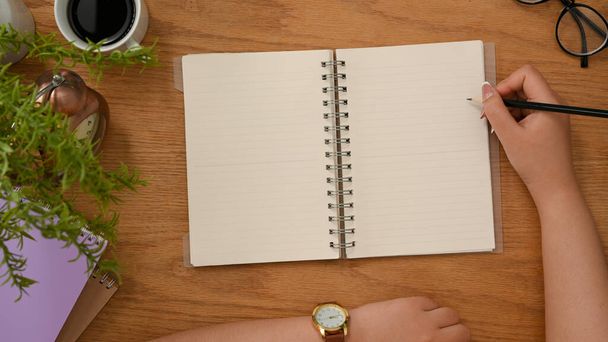 Femme prenant des notes, faisant une conférence, écrivant un journal dans un cahier en spirale sur sa table en bois minimale - Photo, image