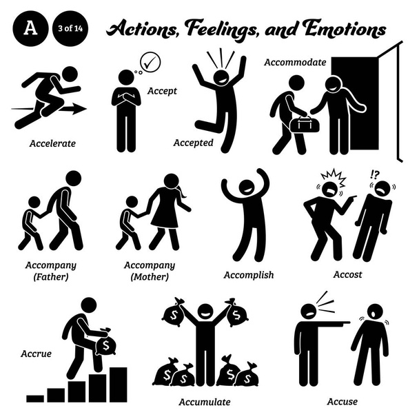 Stick figure human people man action, feelings, and emotions icons starting with alphabet A. Accelerate, accept, accepted, accommodate, accompany, accomplish, accost, accrue, accumulate, and accuse.  - Vector, Image