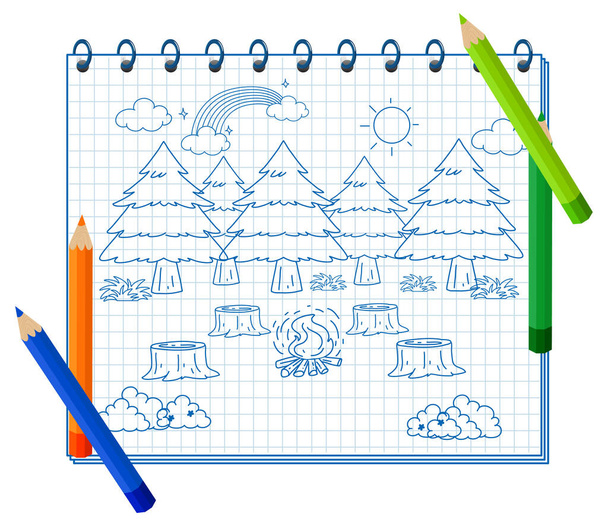 Un cuaderno con dibujo de garabatos e ilustración de lápices a color - Vector, Imagen