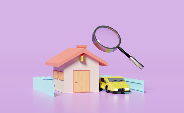 Casa con lupa, valla, coche aislado sobre fondo morado. compras en línea, concepto de datos de búsqueda, ilustración 3d, renderizado 3d - Foto, imagen