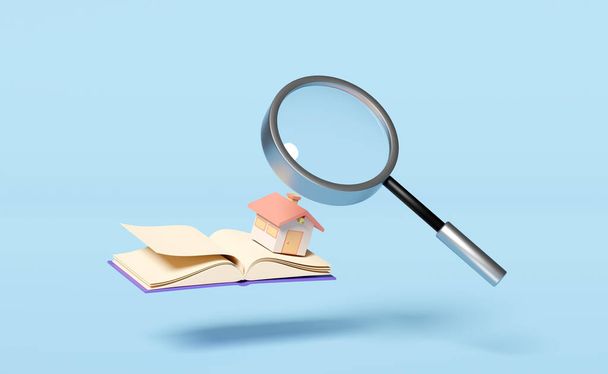 house with magnifying glass, handbook isolated on blue background. online shopping, search data concept, 3d illustration, 3d render - Photo, Image