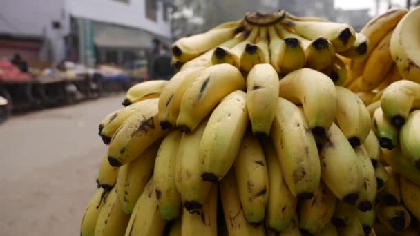 Hromady zralých banánů na pouličním trhu. Prodej žlutých banánů na trhu s ovocem. Asijský trh. - Záběry, video