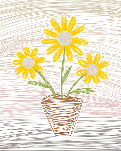 Yellow chamomile. Daisies in a vase. Hand drawn vector illustration. Colored pencil, pen or marker doodle sketch - Vetor, Imagem