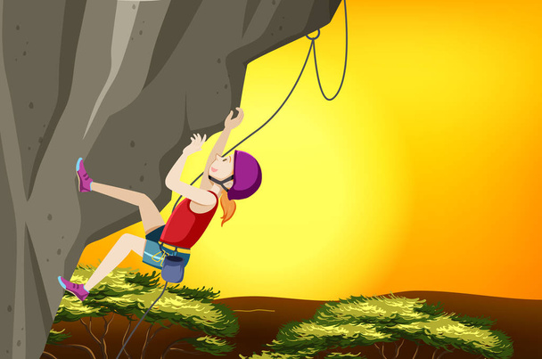 Scena di arrampicata su roccia con donna arrampicata al tramonto illustrazione - Vettoriali, immagini