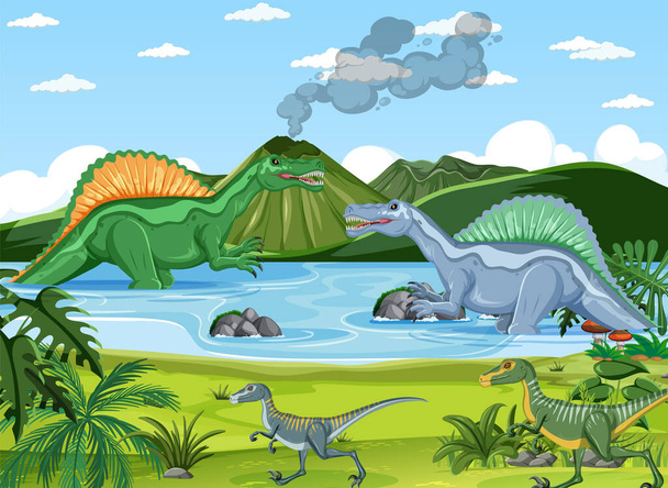 Dinosaurio en la escena prehistórica del bosque ilustración - Vector, Imagen