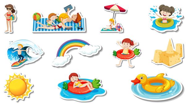 Conjunto de artículos de playa de verano e ilustración para niños - Vector, imagen