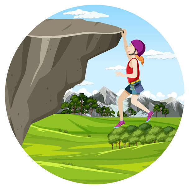 Scène met mensen klimmen rotsachtige berg op cirkel artboard illustratie - Vector, afbeelding