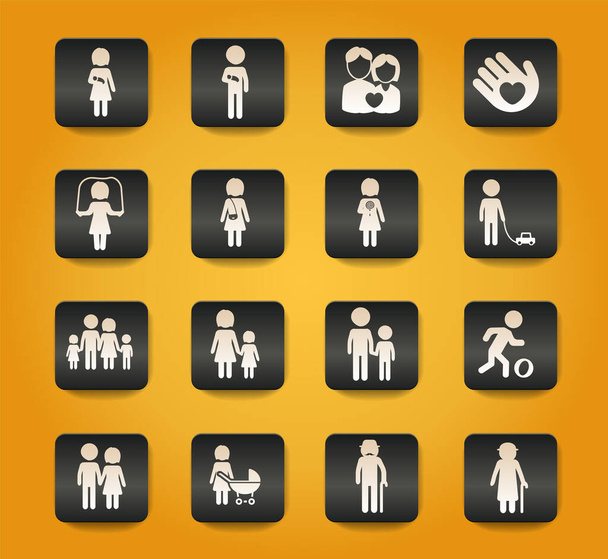 Símbolos familiares sobre botones negros sobre fondo amarillo - Vector, Imagen