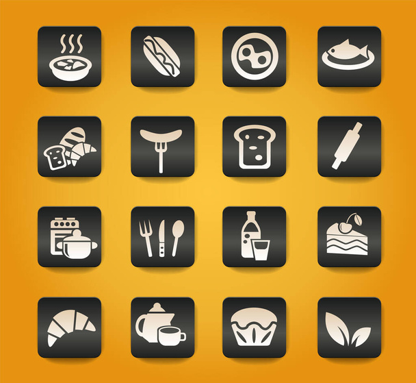Comida y símbolos de cocina sobre botones negros sobre fondo amarillo - Vector, Imagen