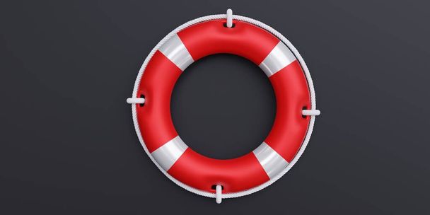Life preserver on grey black color, rescue life. Lifebuoy white and red color float ring, boat safety equipment. 3d rende - Фото, изображение