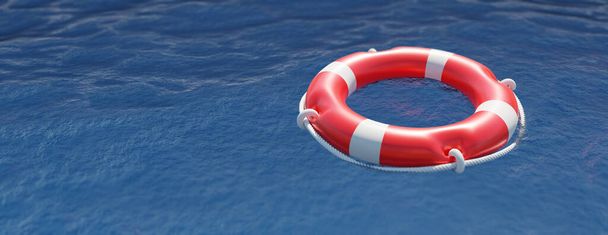 Okyanus yüzeyindeki can yelekleri. Lifebuoy şamandıra halkası, gemi güvenlik ekipmanları, hayat kurtarma. Uzayı kopyala, afiş. 3d rende - Fotoğraf, Görsel