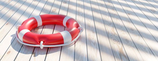 Життєвий сетсервер на дерев'яній корабельній палубі. Lifebuoy білий і червоний кольори поплавок кільце, обладнання безпеки човнів, рятувальний термін. Копіювати простір, банер. тривимірний
 - Фото, зображення