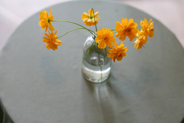selectieve focus geel-oranje bloemen Hoge hoek in een glazen vaas geplaatst op een tafel ingericht in een vintage coffeeshop. Restaurant concept op een dag zonder klanten eenzaam dag - Foto, afbeelding
