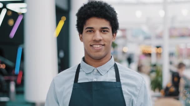 Afro-americano trabajador masculino veinteañero camarero vendedor en delantal propietario de la pequeña empresa cafetería restaurante gerente de la tienda mirando a la cámara con sonrisa amistosa posando en el lugar de trabajo sonriendo retrato de dientes - Metraje, vídeo