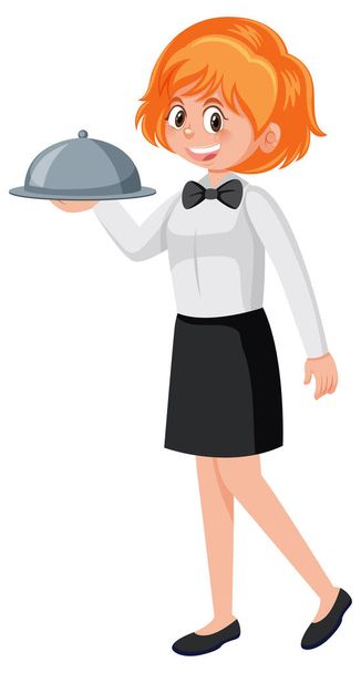 A young waitress serving food white background illustration - Vector, Image