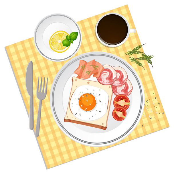 Top view food, fried egg on toast with placemat on white background illustration - Vector, Image