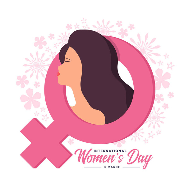 Dia Internacional da Mulher - Mulher de frente para o lado e cabelos longos em rosa símbolo feminino na textura da flor design vetorial fundo - Vetor, Imagem