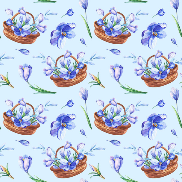 Beautiful spring seamless pattern with crocus in wicker basket. Purple spring flowers. Watercolour card for women's day, Easter blue crocuses. Purple flowers of saffron on a white background. Watercolor illustration.Print for gift wrapping,fabric, pa - Foto, Imagen