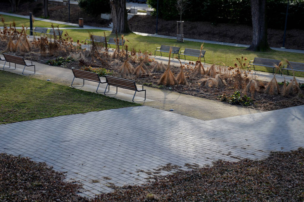многолетняя кровать с серым гравием перед каменной стеной известняка на площади со скамейками с деревянными панелями, бежевая дорожка из натурального бежевого прессованного щебня, осенью, сухая трава - Фото, изображение