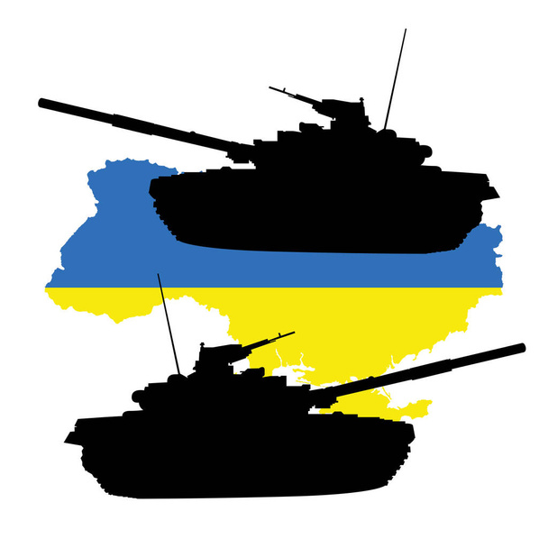 Flaga Ukrainy malowana jest na tle z czołgami. Stosunki między Ukrainą a Rosją - Wektor, obraz