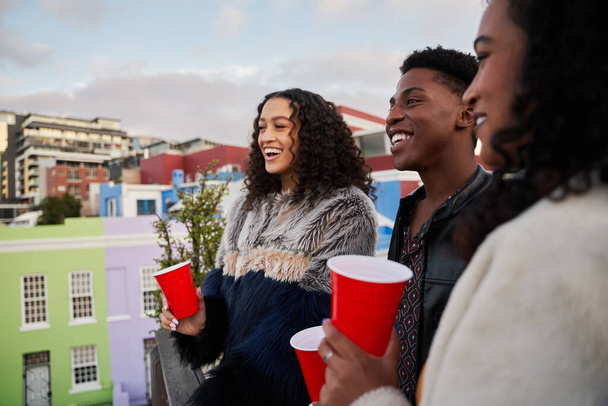 Group of multi-cultural young adults on a rooftop terrace looking at view, socializing, drinking and laughing - Foto, Bild