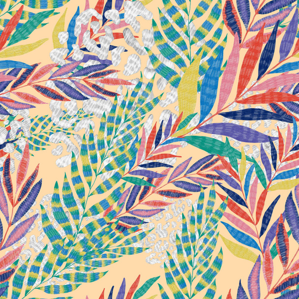 Moderní abstraktní bezešvý vzor s kreativními barevnými tropickými listy a leopardími skvrnami. Retro jasné letní pozadí. Ilustrace listoví džungle. Plavky botanický design. Ročník exotického tisku. - Fotografie, Obrázek