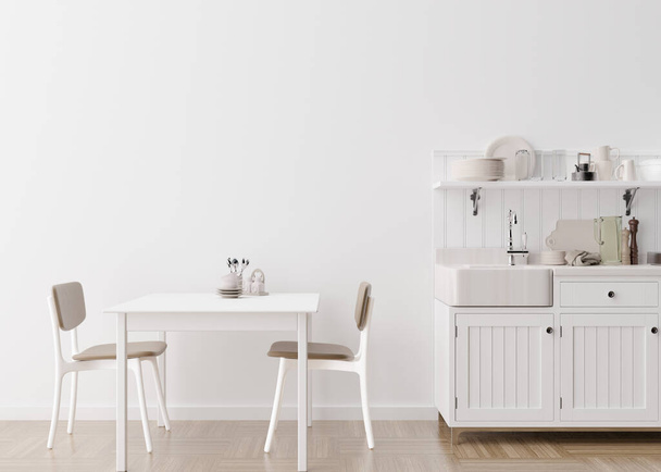 Lege witte muur in moderne keuken. Mock up interieur in minimalistische, eigentijdse stijl. Vrije ruimte, kopieer ruimte voor uw foto, tekst of een ander ontwerp. Tafel, stoelen. 3D-weergave. - Foto, afbeelding