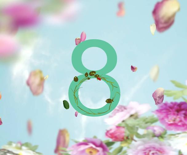 8スマート女性の日の挨拶カード金のテキスト青の背景に8個のマーツの花春の花、ピンクの空のピンクの緑の花と葉花弁のお祝いの夏のテンプレートbackgrpund 、コピースペースバナー - 写真・画像