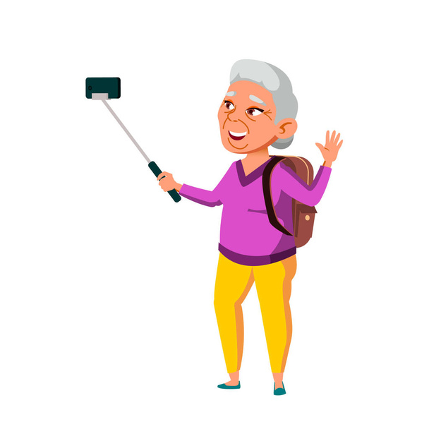 Velha avó fazendo selfie no telefone Vector - Vetor, Imagem