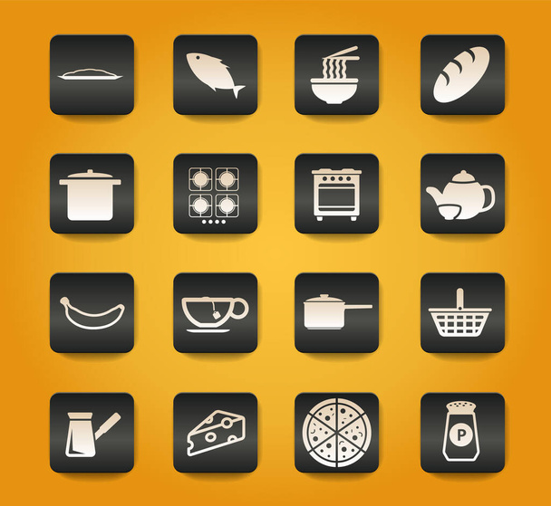 Food and kitchen symbols on black buttons on yellow background - Vetor, Imagem