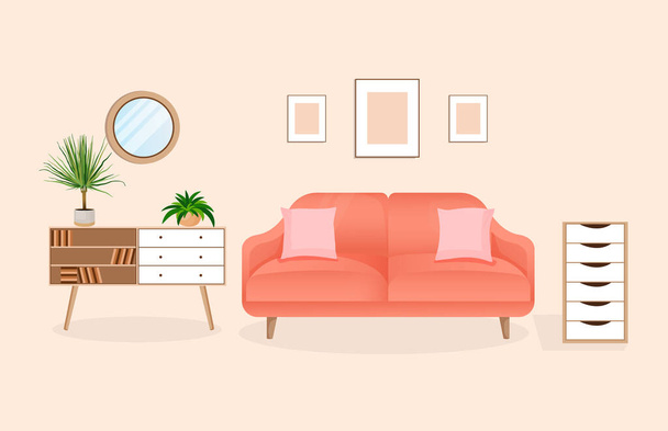 Moderne Wohnzimmereinrichtung mit Möbeln und heimischen Pflanzen. Gestaltung eines gemütlichen Zimmers mit Sofa, Pflanzen und Dekorationsartikeln. Vektorflache Illustration. Aufenthaltsraum - Vektor, Bild