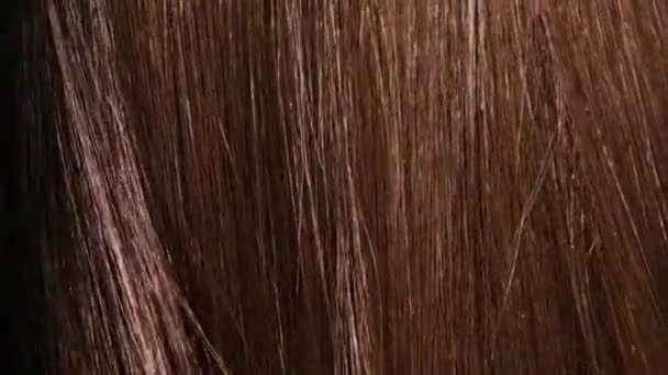 Mooi gezond bruin haar. Een close-up van een bos van glanzend recht bruin haar in een golvende stijl. slow motion vloeiende vloeiende haren fladderen - Video