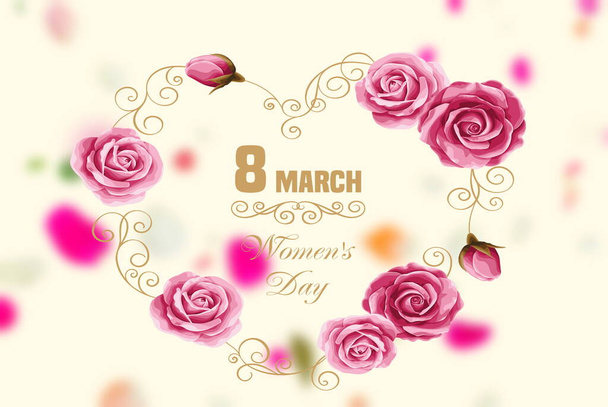 8 mart women's day greetings card gold text ,floral spring flowers on pastel background,yellow pink green flowers petal on yellow cream summer template background ,copy space banner - Foto, afbeelding