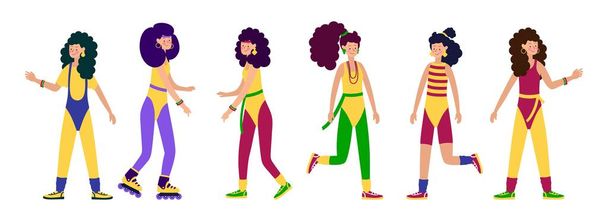 Boldog fiatal karakterek lányok divatos ruhák leggings és fürdőruha és frizurák a 80-as-90-es évek Stílusos Retro Női party. Vektorillusztráció  - Vektor, kép
