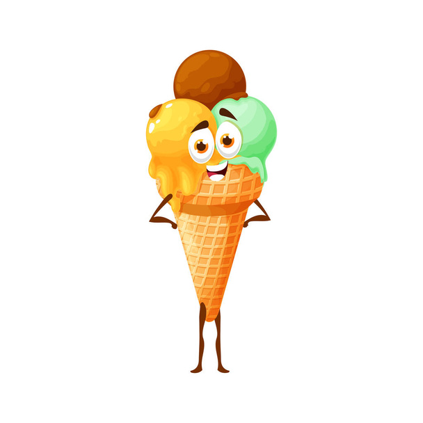 Emoticon Eis Zitrone, Minze und Schokolade Kugeln in Waffelkegel isoliert lustige Zeichentrickfigur. Vector-Kawaii-Sommerdessert, cremig-fruchtige Eiskugeln in Waffelkegel. Fastfood süße Emojis - Vektor, Bild