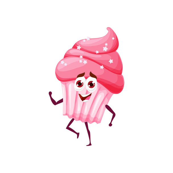 Dessin animé personnage de cupcake rose. Mascotte comique dessert, vecteur isolé heureux sourire pâtisserie sucrée avec tourbillon crème personnage. cupcake mignon caractère enfantin dansant ou marchant - Vecteur, image
