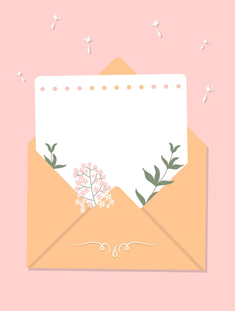 A sheet of notepad, flowers and plants sticks out of the envelope. Note paper on a pink background. Vector illustration, flat style. - Vektör, Görsel
