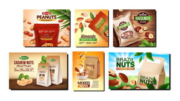 Nuts Assortment Creative Promo Posters Set Vector - Vector, Image