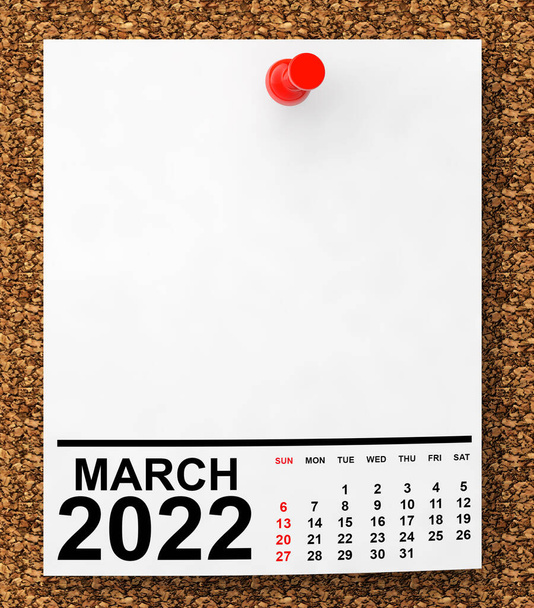 Ημερολόγιο Μάρτιος 2022 σε κενό χαρτί σημείωμα με ελεύθερο χώρο για το κείμενό σας. 3d απόδοση - Φωτογραφία, εικόνα